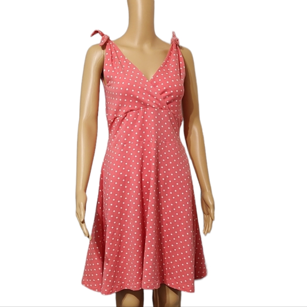 Mandie Bee Pink Coral Poka Dot  Summer Dress Ties at Shoulder V-Neck sz Small